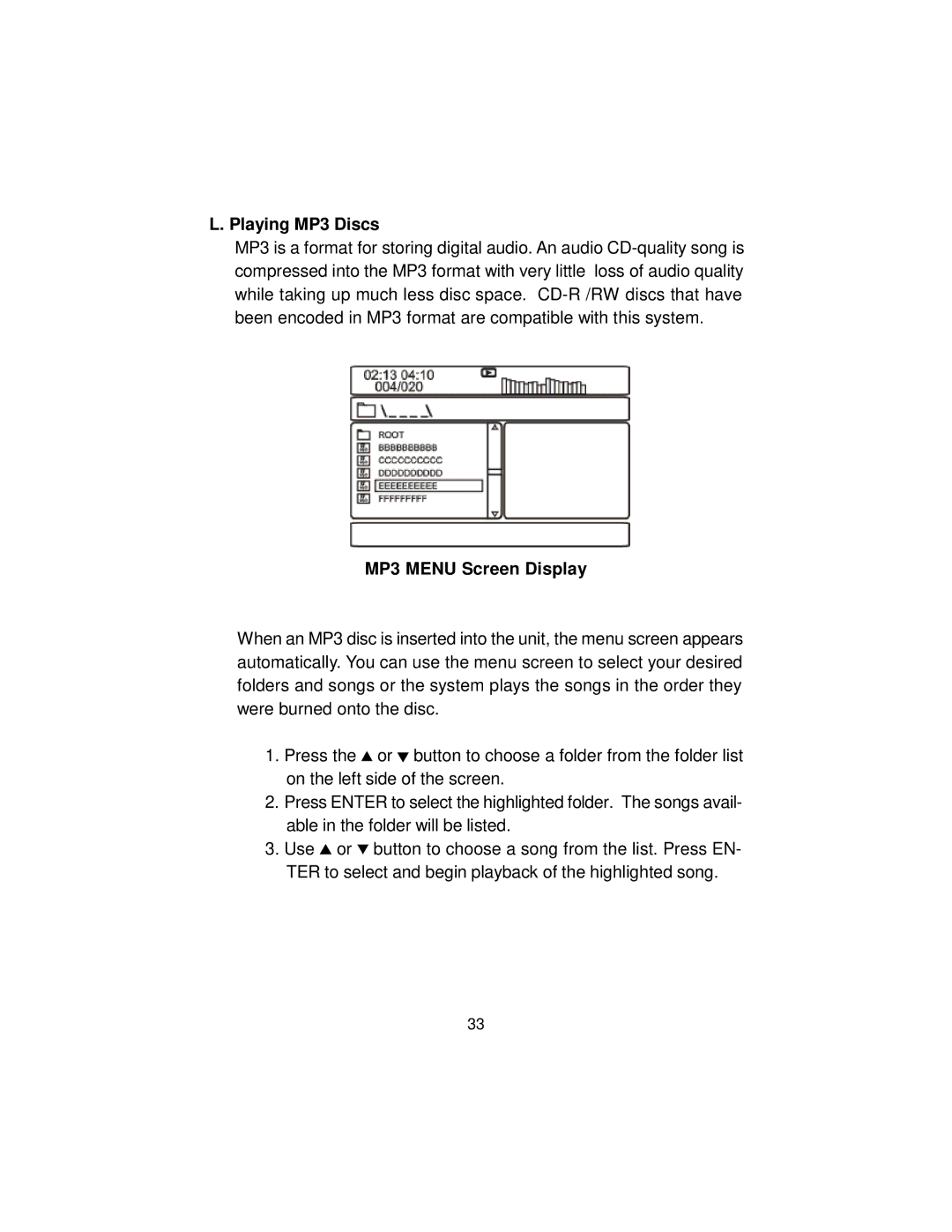 Audiovox MMD10 installation manual Playing MP3 Discs, MP3 Menu Screen Display 