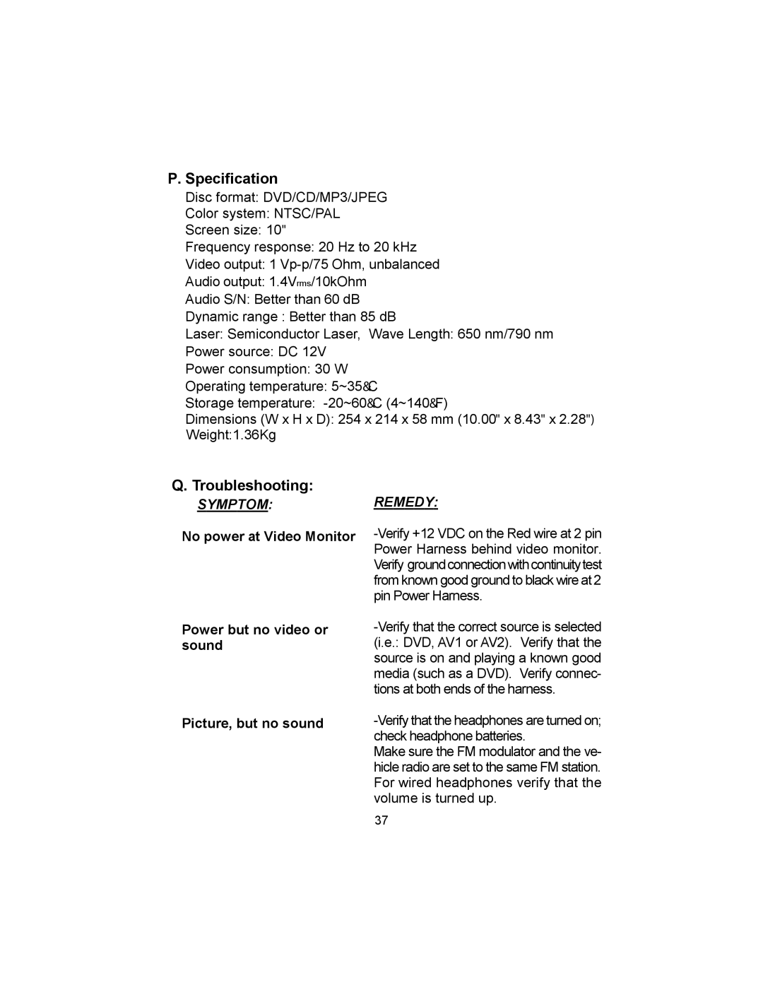 Audiovox MMD10 installation manual Specification, Troubleshooting 