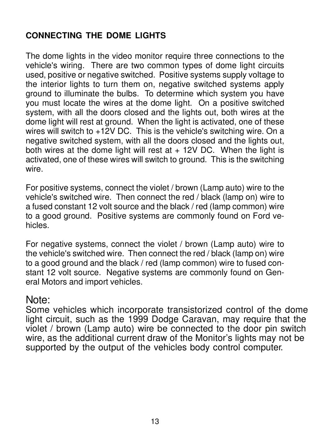 Audiovox MMD100 installation manual Connecting the Dome Lights 