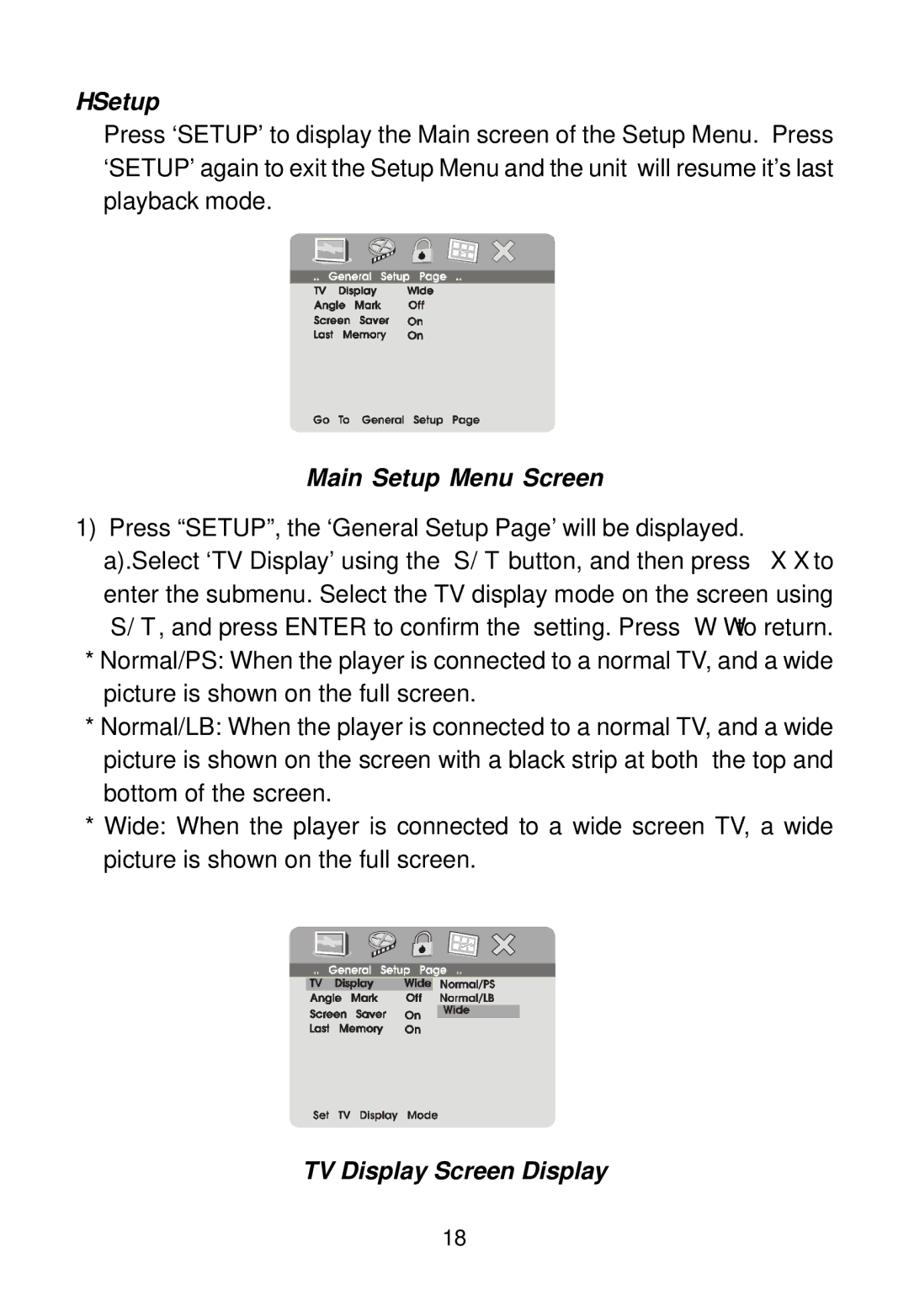 Audiovox MMD100 installation manual Main Setup Menu Screen, TV Display Screen Display 