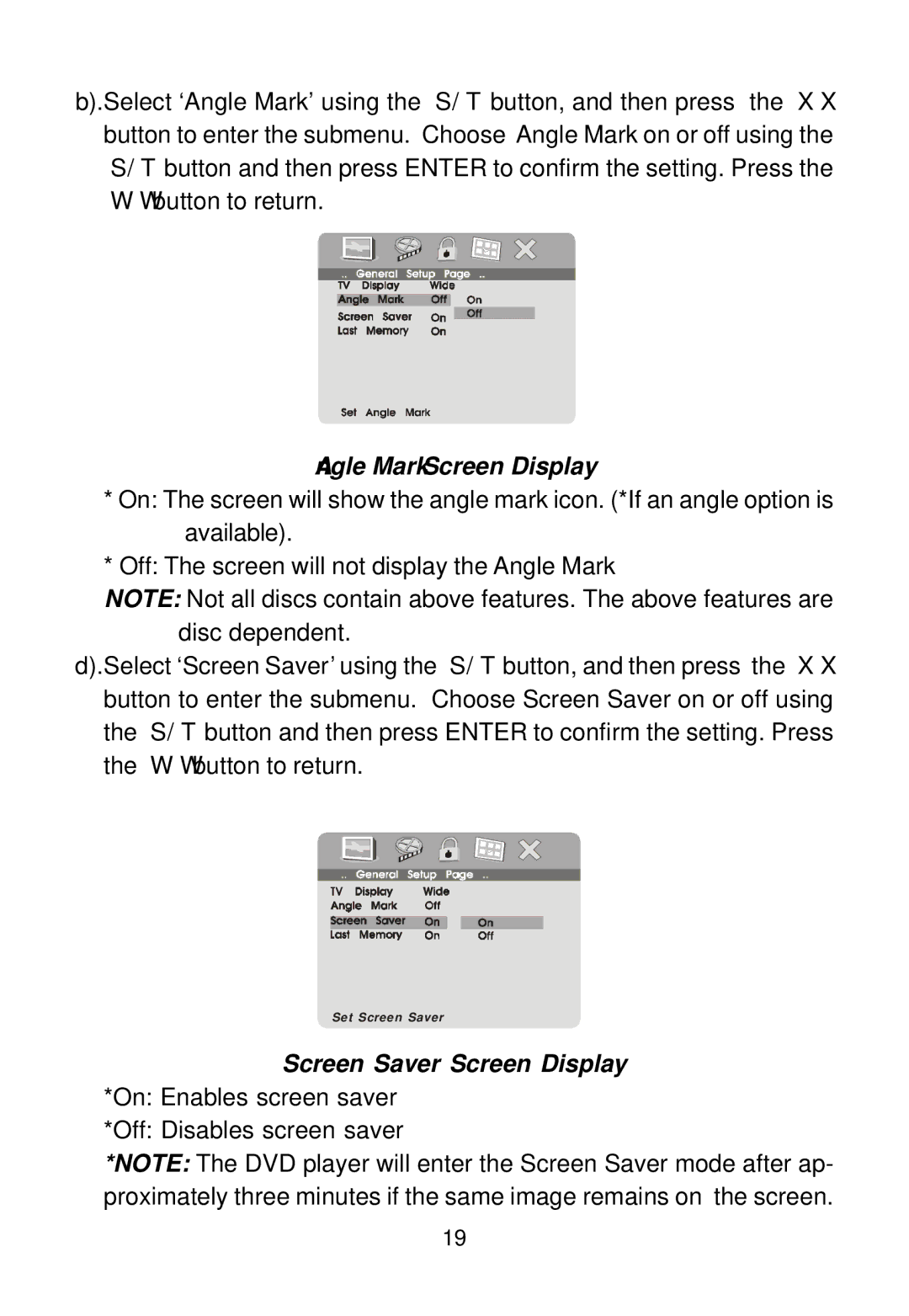 Audiovox MMD100 installation manual Angle Mark Screen Display, Screen Saver Screen Display *On Enables screen saver 