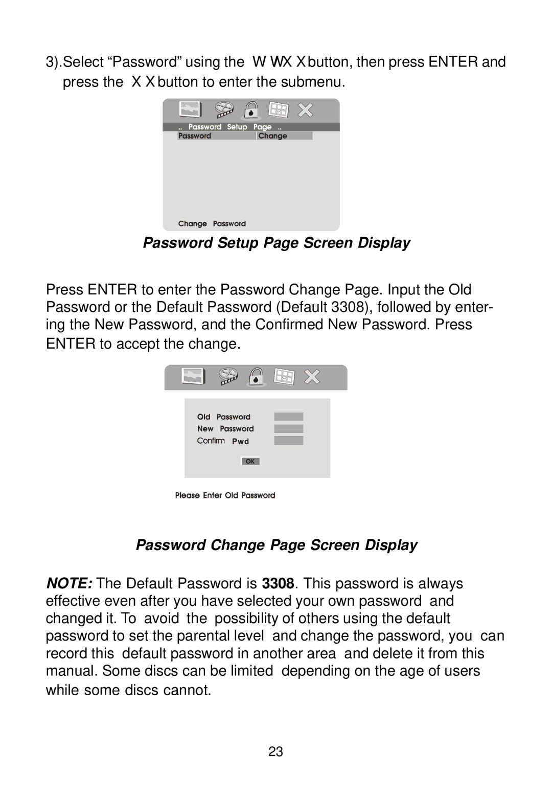 Audiovox MMD100 installation manual Password Setup Page Screen Display, Password Change Page Screen Display 