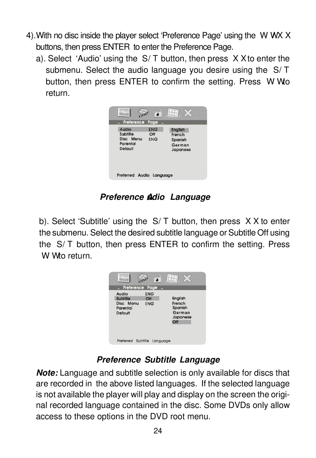 Audiovox MMD100 installation manual Preference Audio Language, Preference Subtitle Language 