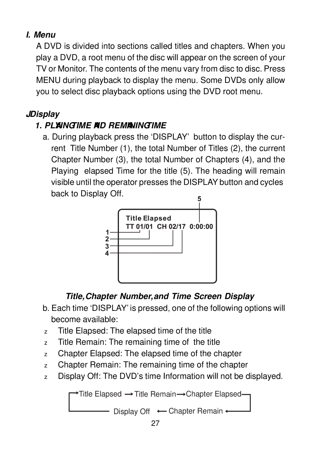 Audiovox MMD100 Menu, Playing Time and Remaining Time, Title, Chapter Number, and Time Screen Display 