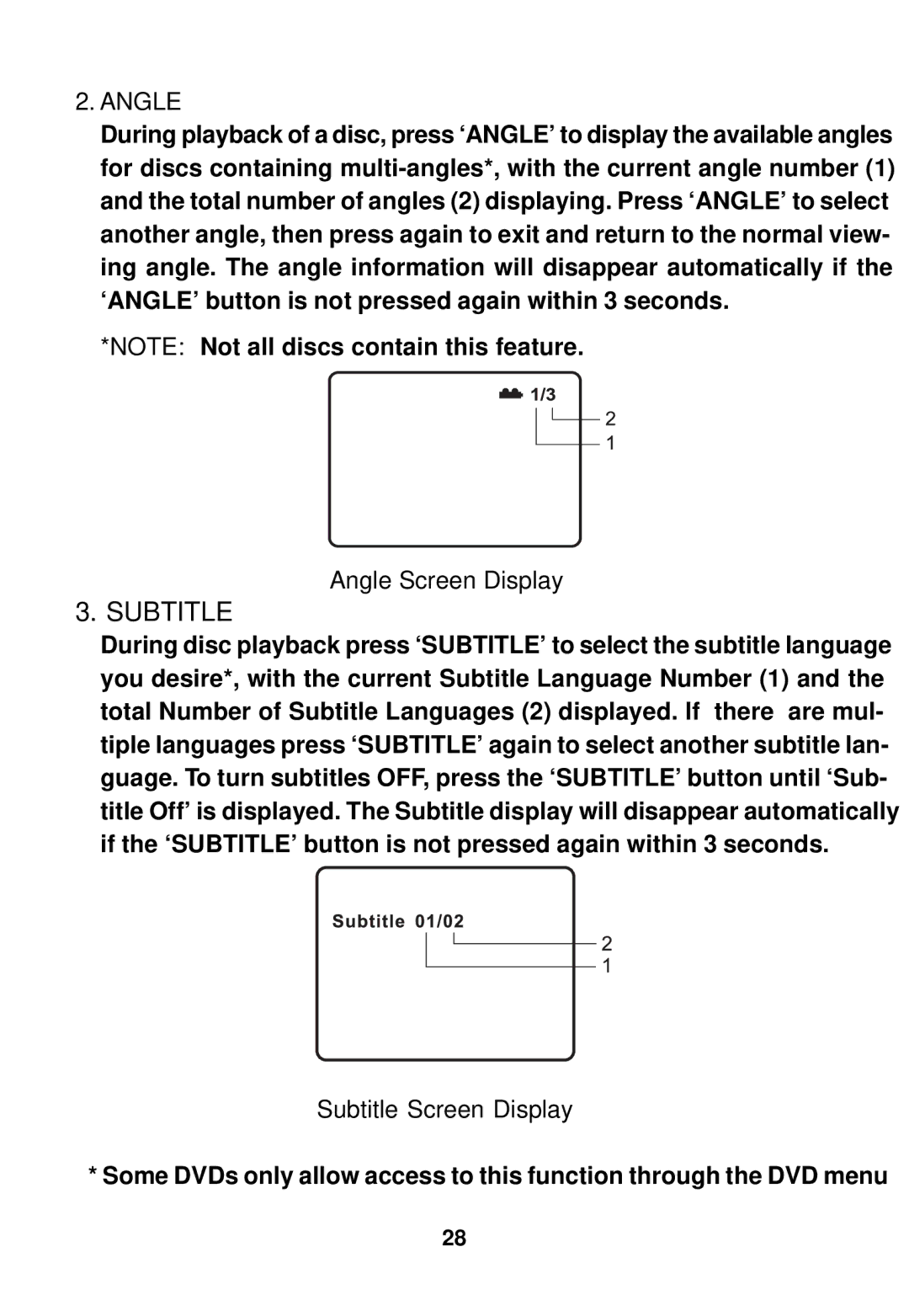 Audiovox MMD100 installation manual Angle Screen Display, Subtitle Screen Display 