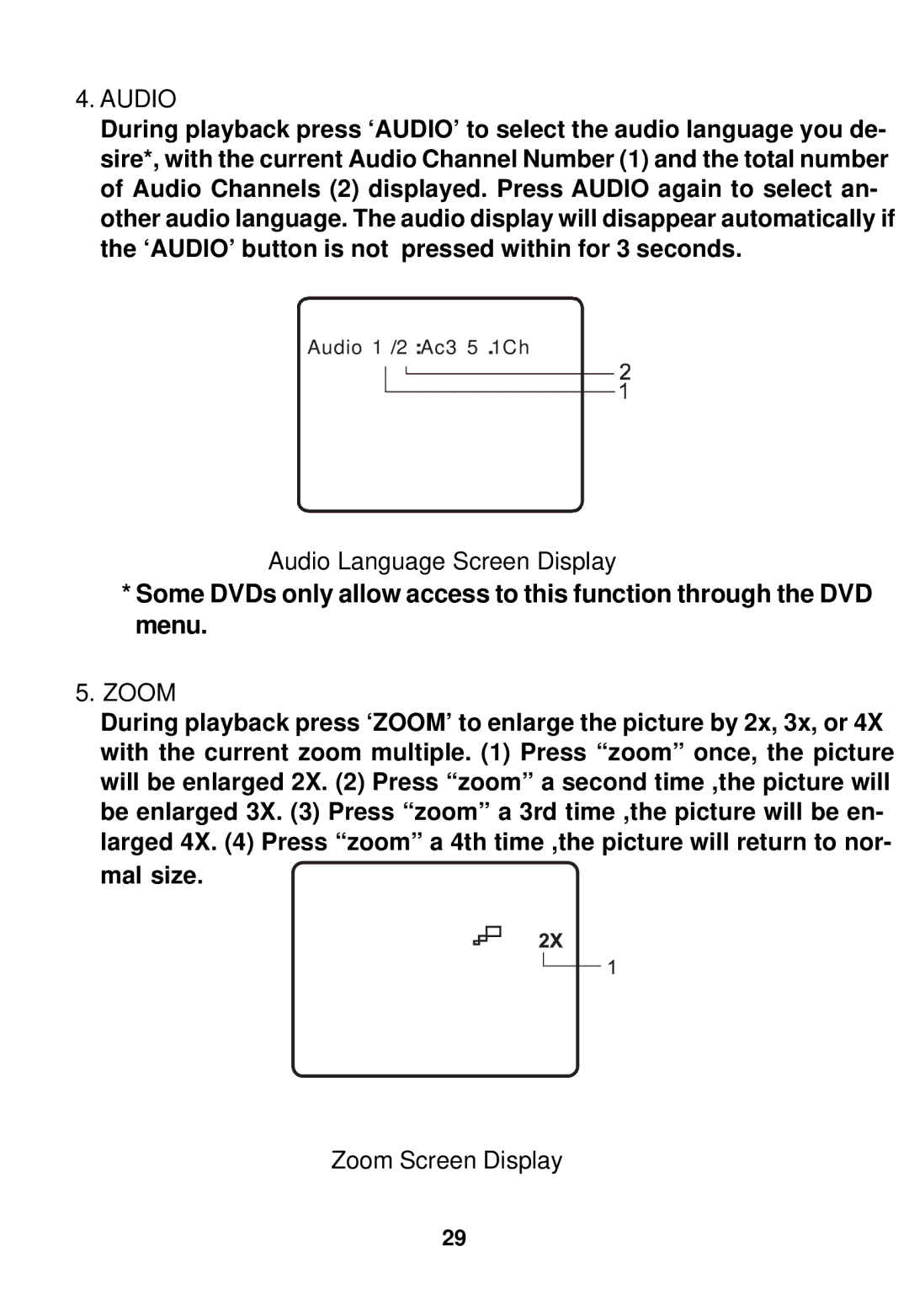 Audiovox MMD100 installation manual Audio Language Screen Display, Zoom Screen Display 