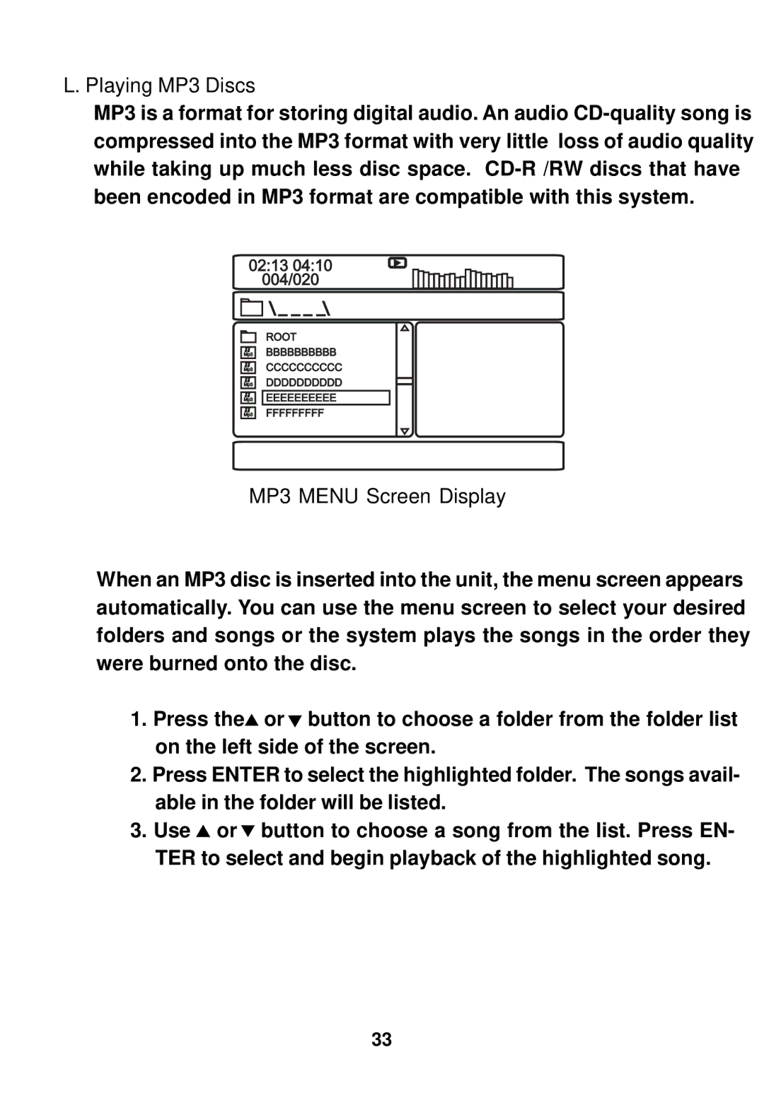 Audiovox MMD100 installation manual Playing MP3 Discs, MP3 Menu Screen Display 