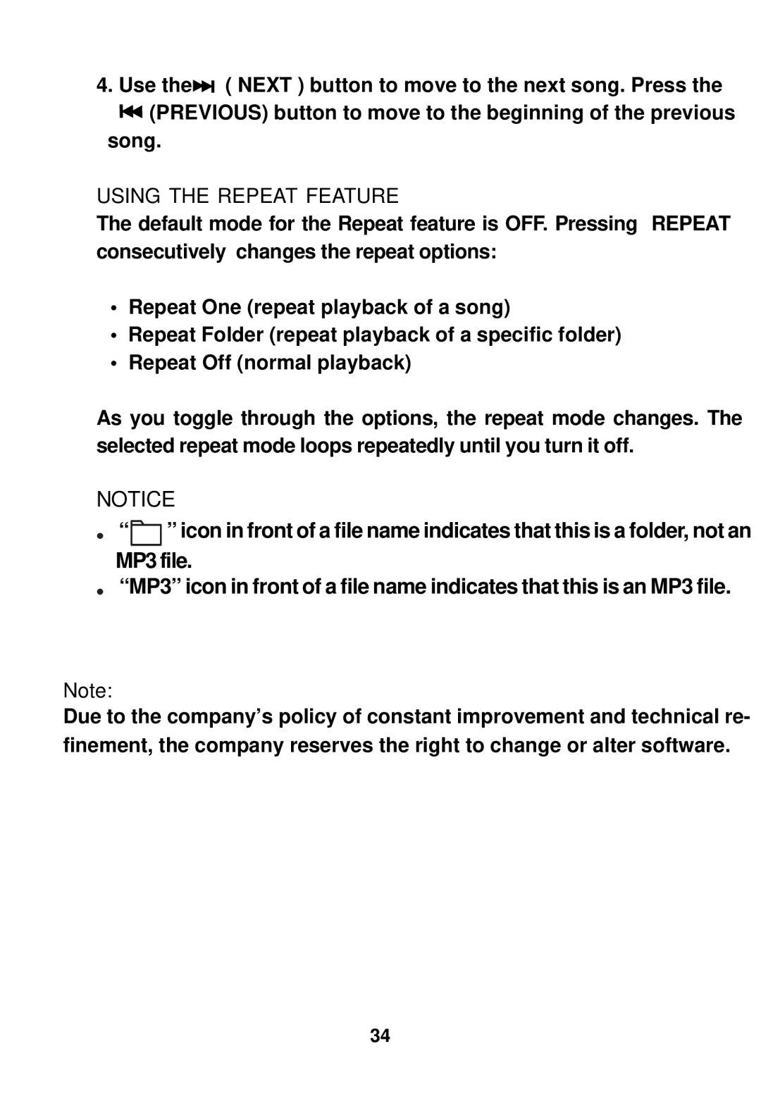 Audiovox MMD100 installation manual Using the Repeat Feature 