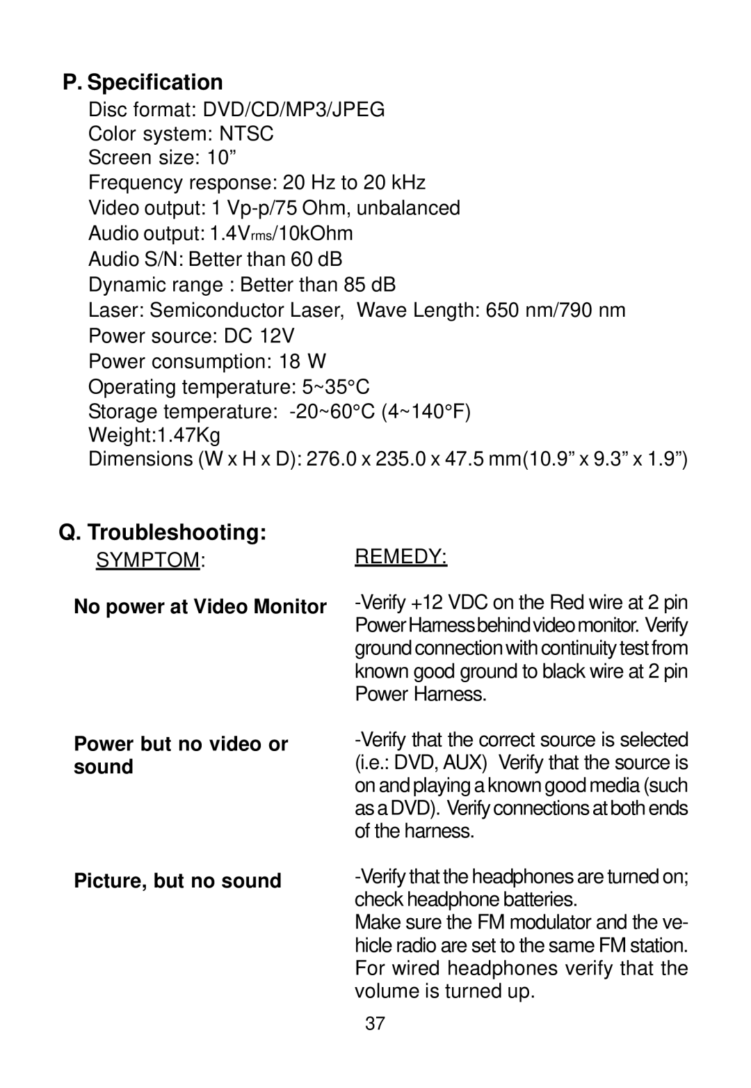 Audiovox MMD100 installation manual Specification, Troubleshooting 