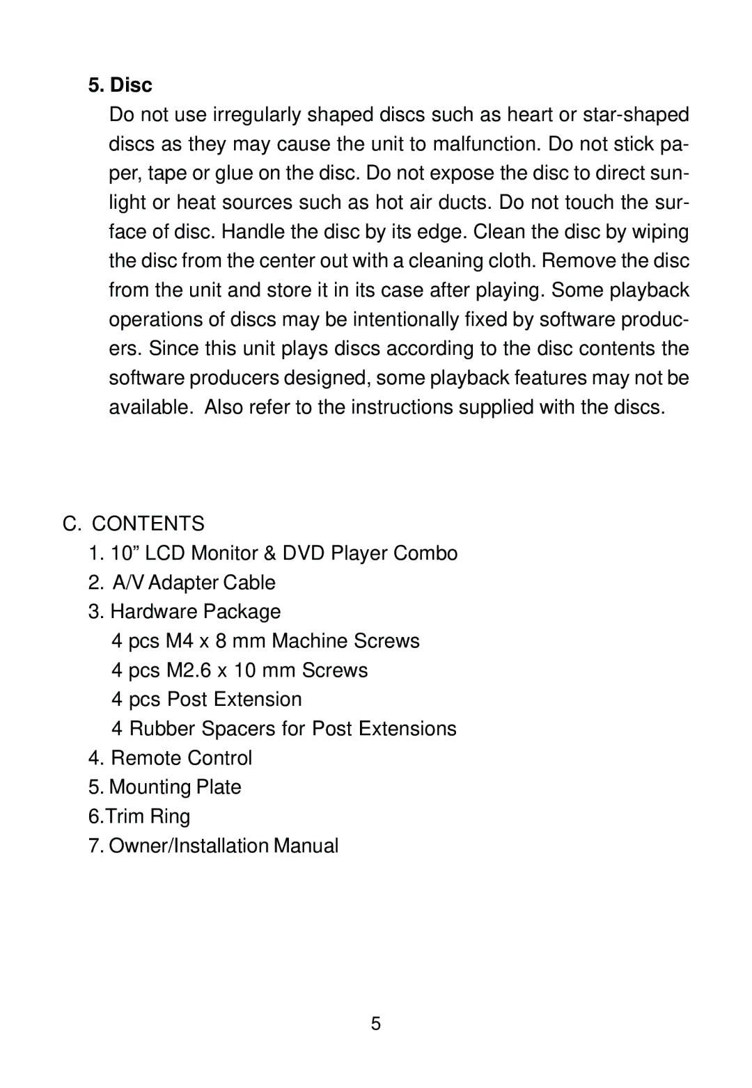 Audiovox MMD100 installation manual Disc, Contents 