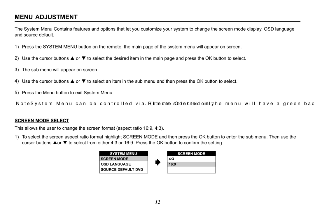 Audiovox MMD11, 128-8290 operation manual Menu Adjustment, Screen Mode Select 