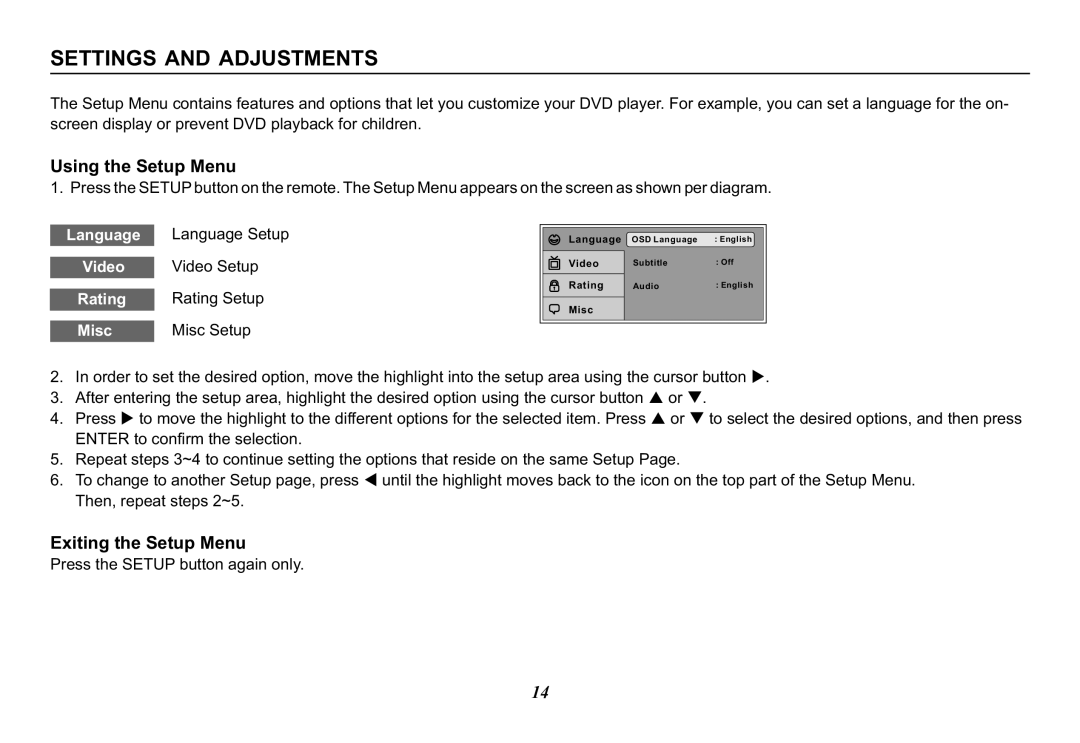 Audiovox MMD11, 128-8290 operation manual Settings and Adjustments, Using the Setup Menu, Exiting the Setup Menu 