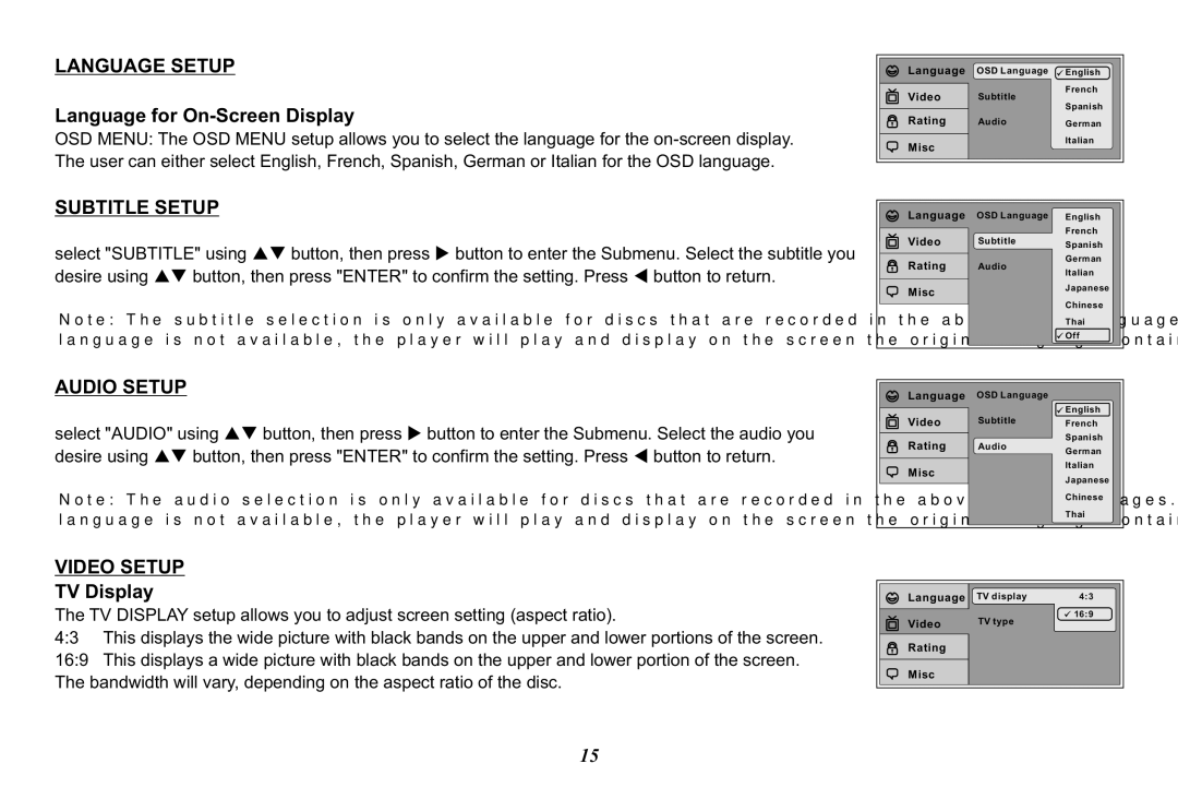 Audiovox 128-8290, MMD11 operation manual Language Setup, Subtitle Setup, Audio Setup, Video Setup 