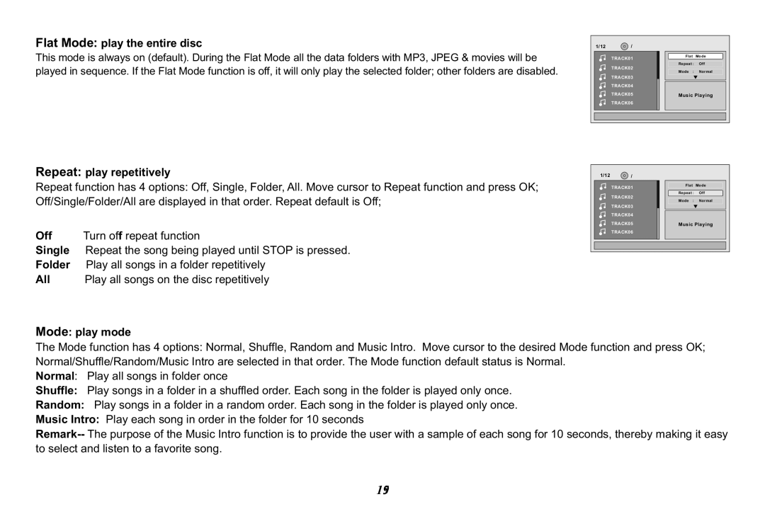 Audiovox 128-8290, MMD11 operation manual Flat Mode play the entire disc, Repeat play repetitively, Mode play mode 