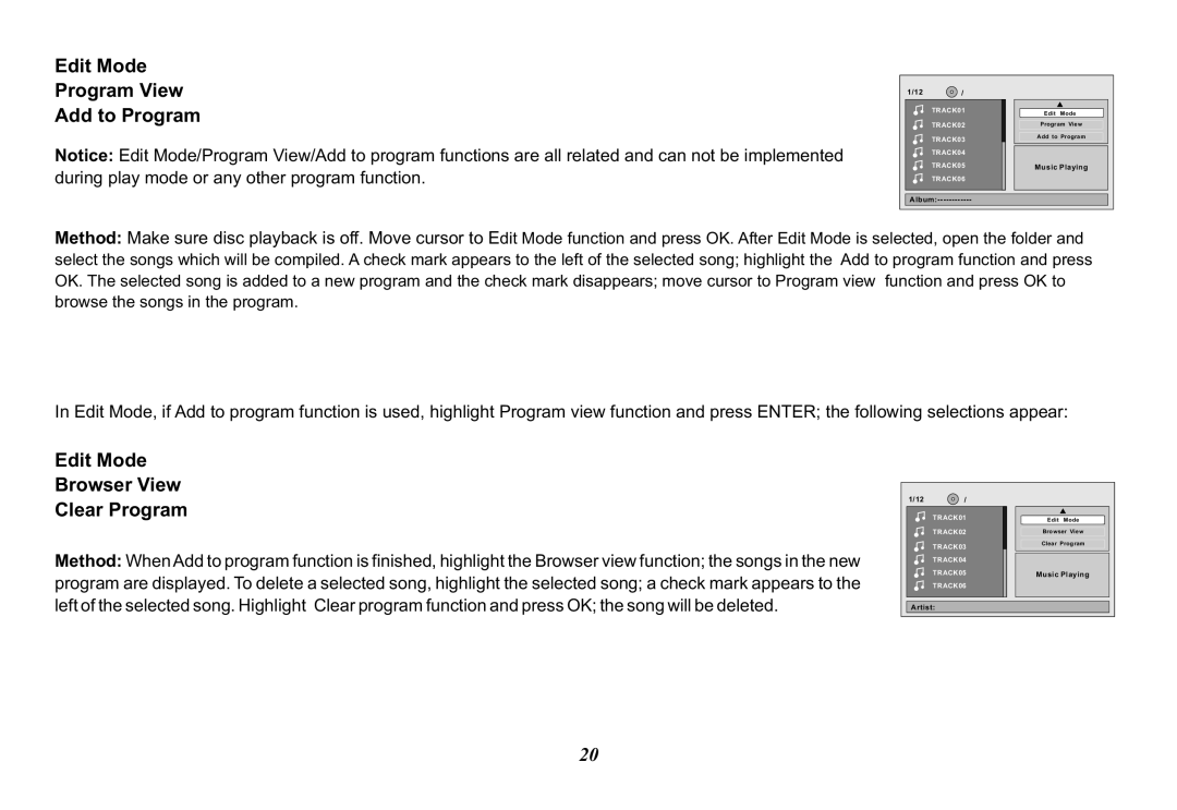 Audiovox MMD11, 128-8290 operation manual Edit Mode Program View Add to Program, Edit Mode Browser View Clear Program 