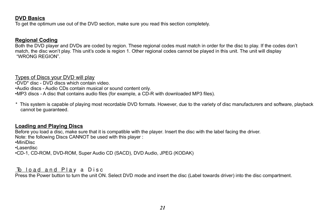 Audiovox 128-8290, MMD11 operation manual DVD Basics, Regional Coding, Loading and Playing Discs, To load and Play a Disc 