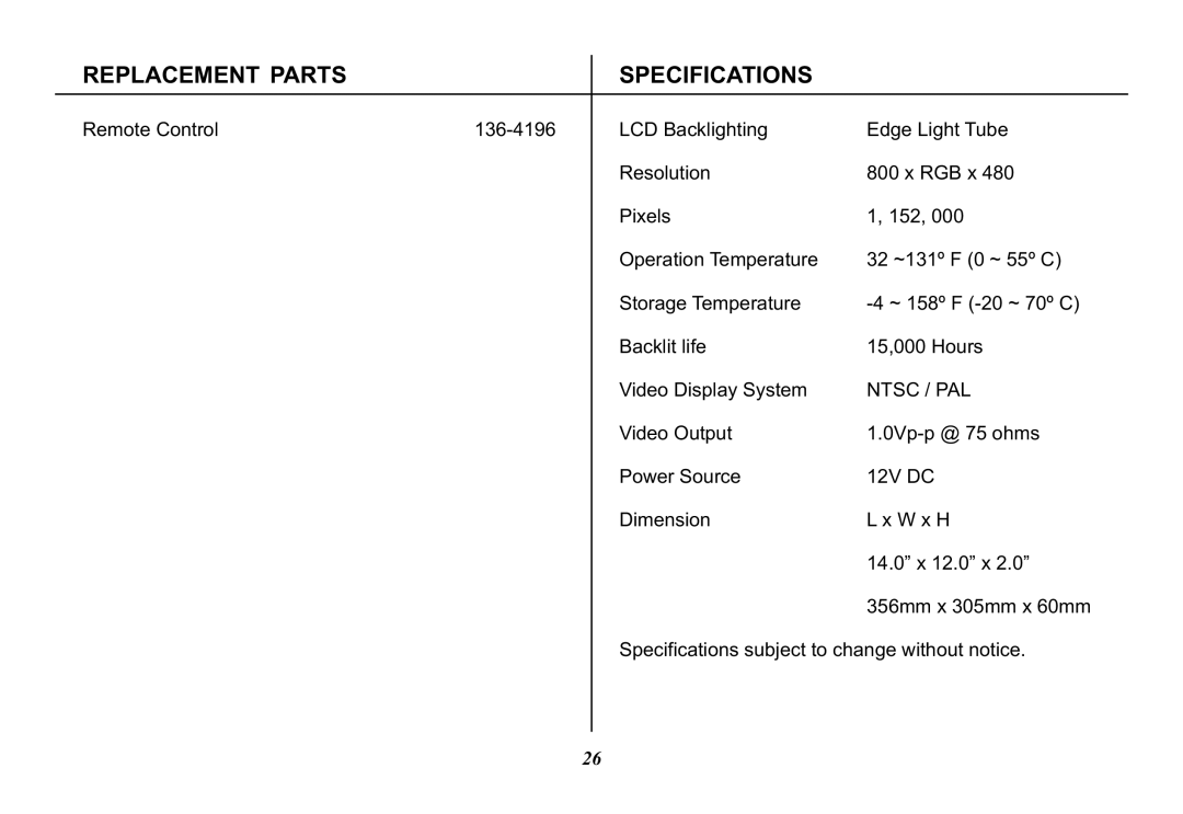 Audiovox MMD11, 128-8290 operation manual Replacement Parts Specifications, Ntsc / PAL 