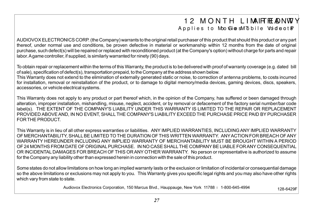 Audiovox 128-8290, MMD11 operation manual Month Limited Warranty 