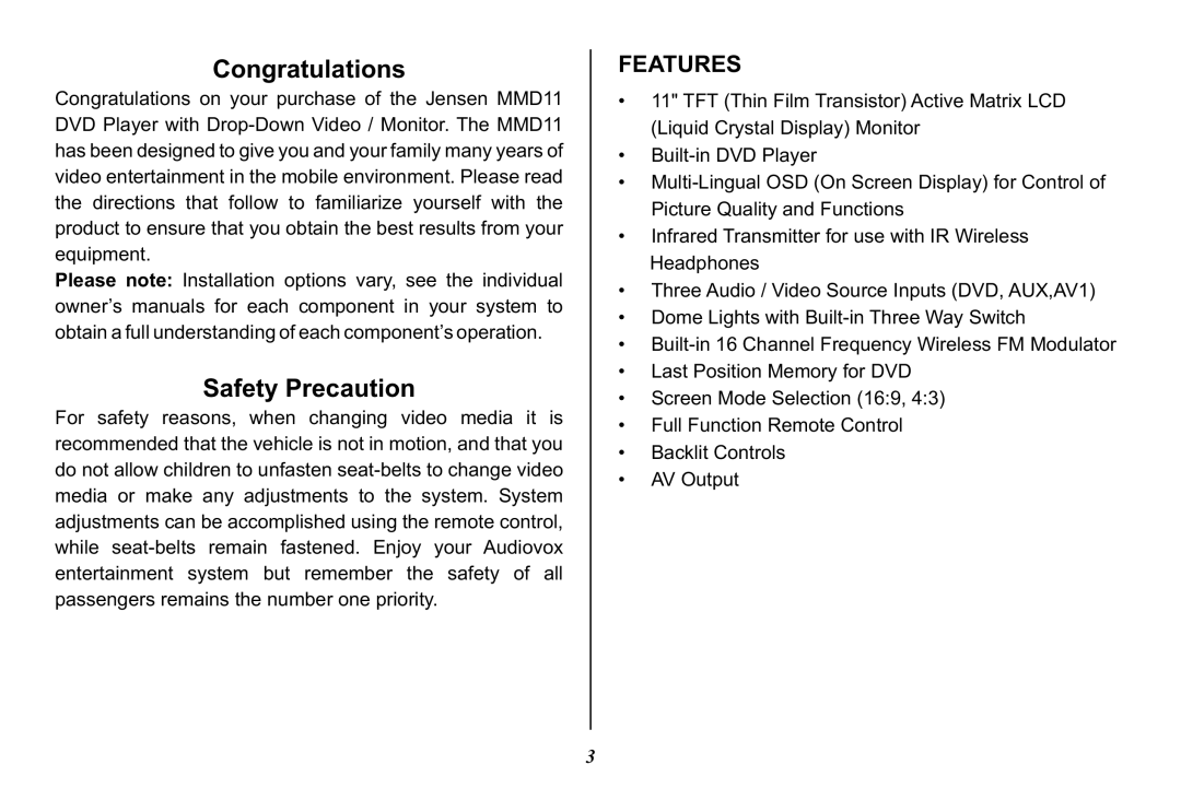 Audiovox 128-8290, MMD11 operation manual Congratulations, Features 