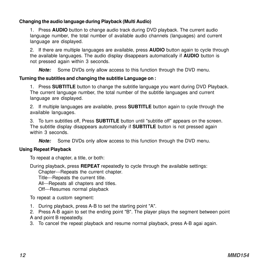 Audiovox MMD154 owner manual Changing the audio language during Playback Multi Audio, Using Repeat Playback 