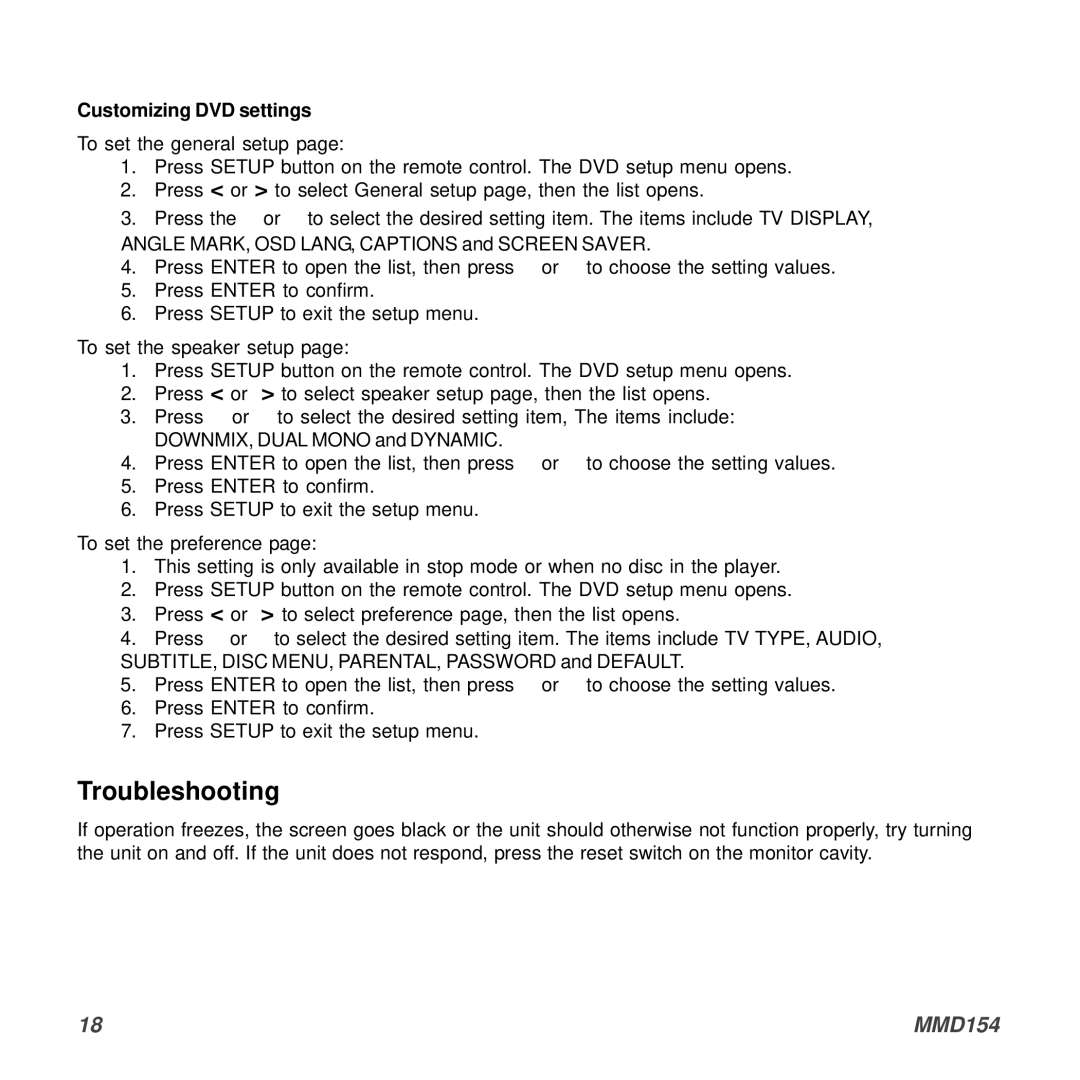 Audiovox MMD154 owner manual Troubleshooting, Customizing DVD settings 