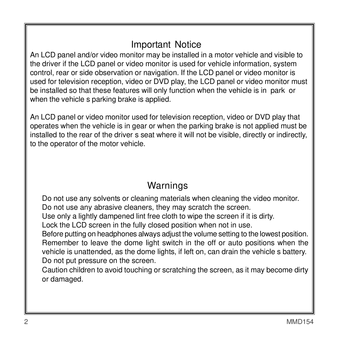 Audiovox MMD154 owner manual Important Notice 