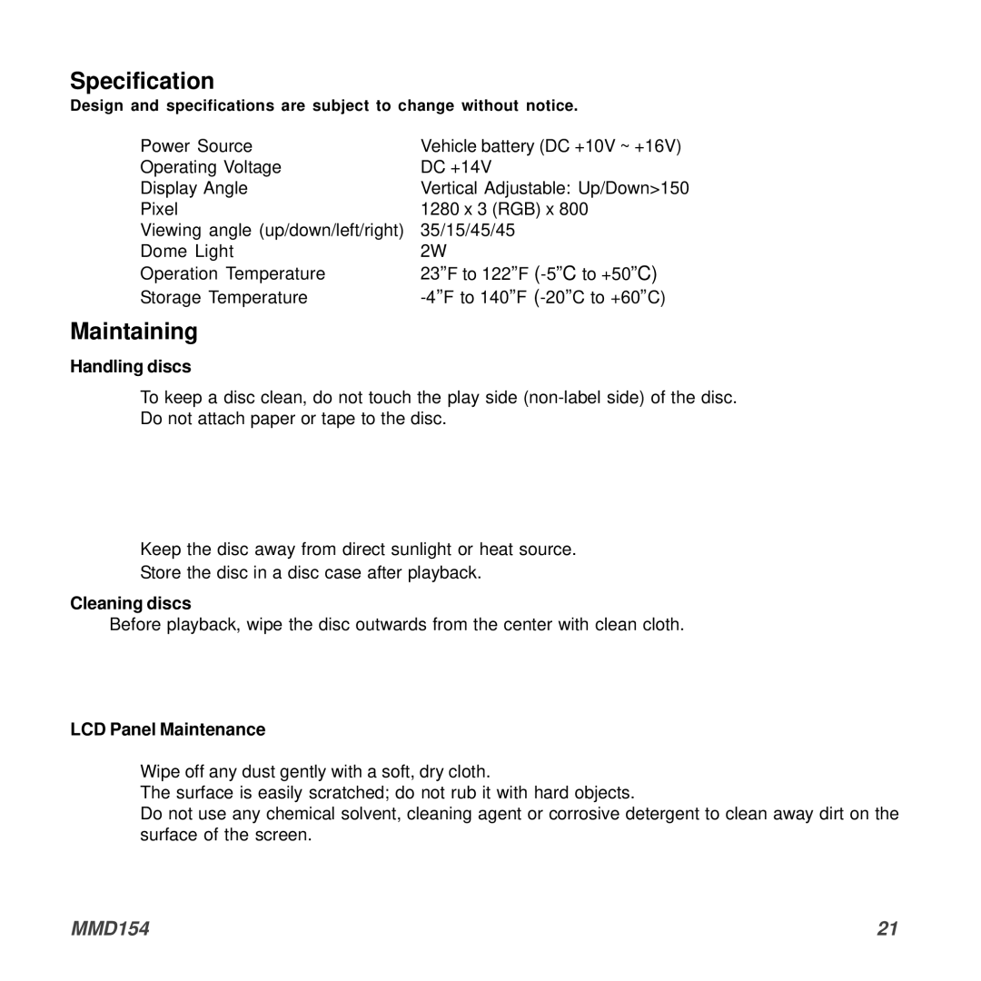 Audiovox MMD154 owner manual Specification, Maintaining, Handling discs, Cleaning discs, LCD Panel Maintenance 