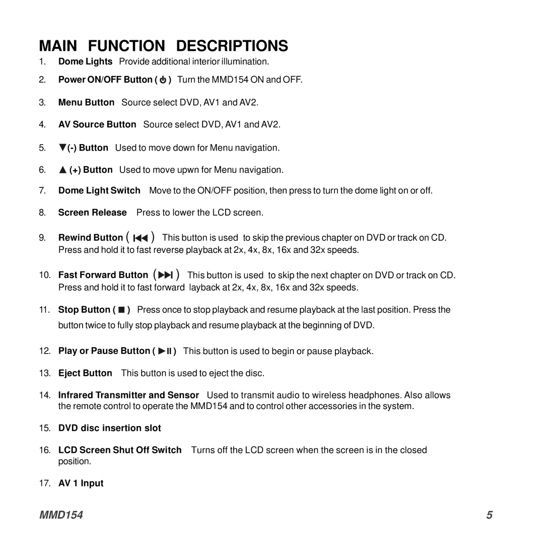 Audiovox MMD154 owner manual Main Function Descriptions 