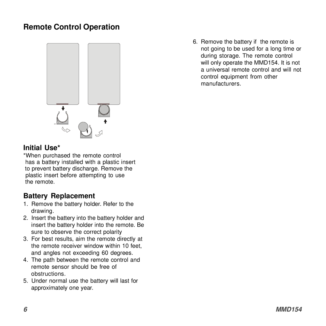 Audiovox MMD154 owner manual Remote Control Operation, Initial Use 