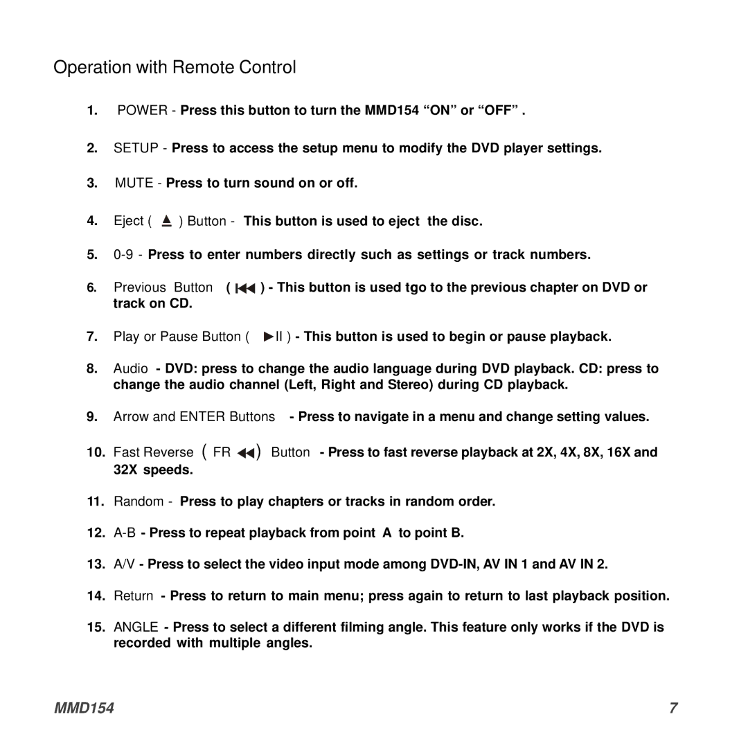 Audiovox MMD154 owner manual Operation with Remote Control 