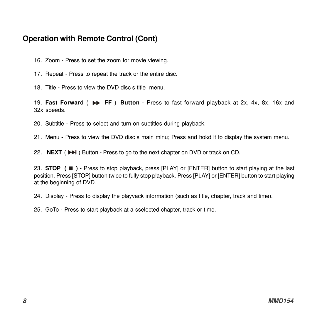 Audiovox MMD154 owner manual Operation with Remote Control 