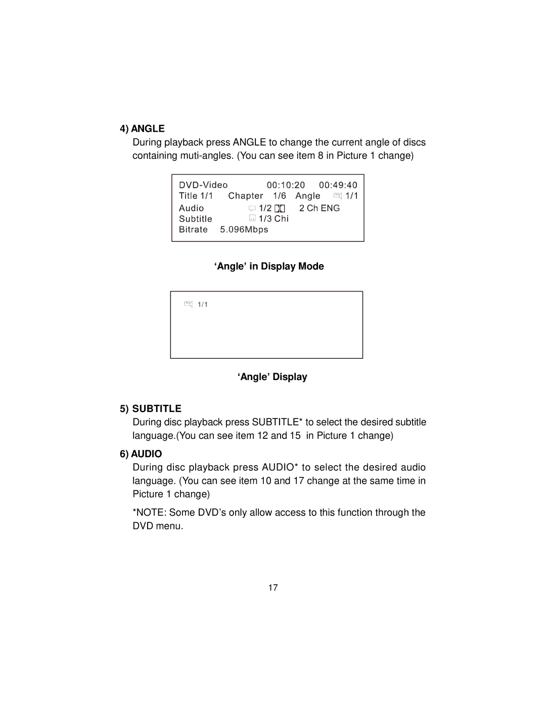 Audiovox MMD70 installation manual ‘Angle’ in Display Mode ‘Angle’ Display, Subtitle, Audio 