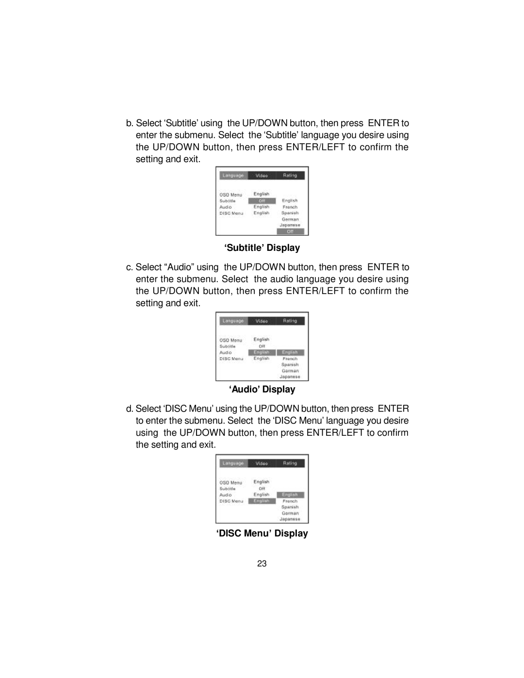 Audiovox MMD70 installation manual ‘Subtitle’ Display, ‘Audio’ Display, ‘DISC Menu’ Display 