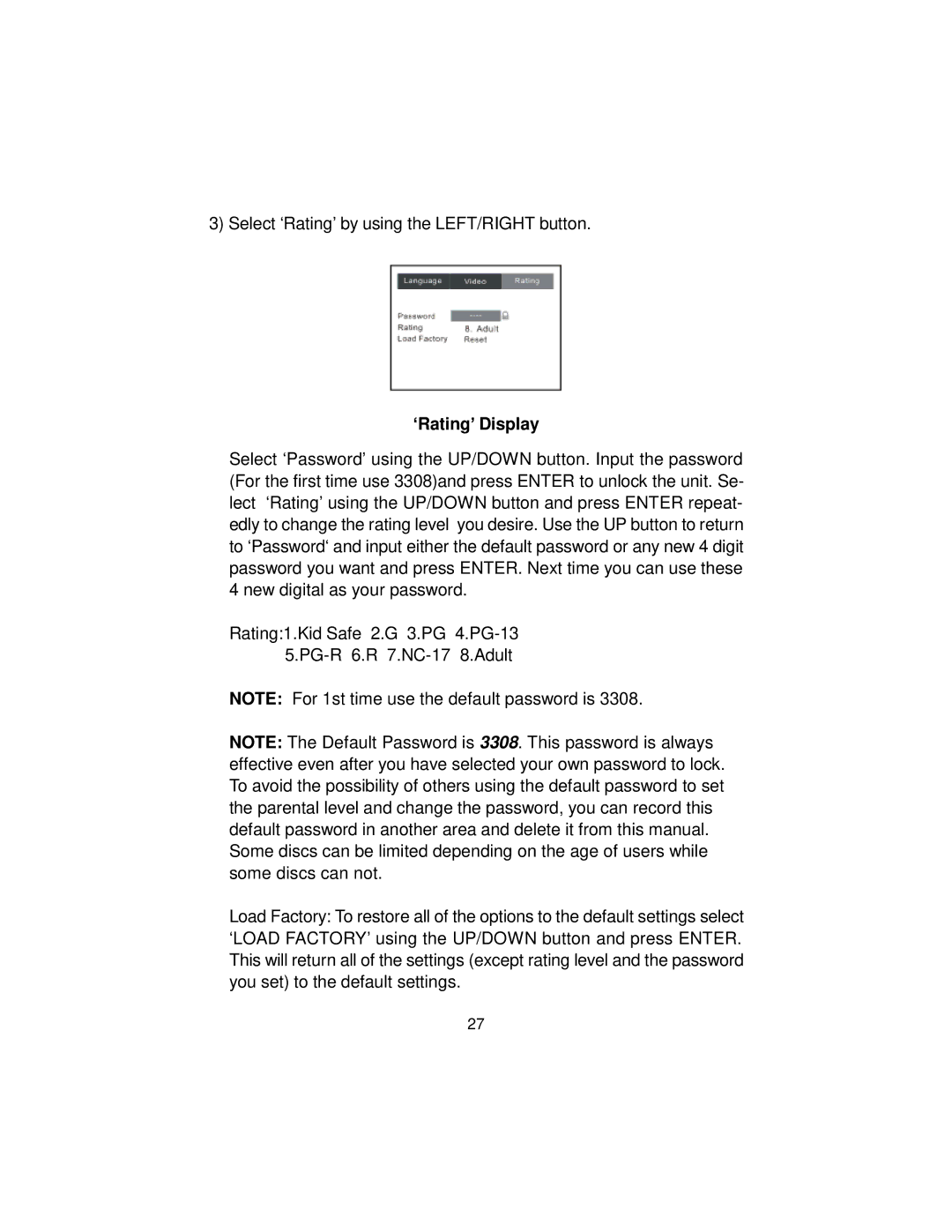 Audiovox MMD70 installation manual ‘Rating’ Display 