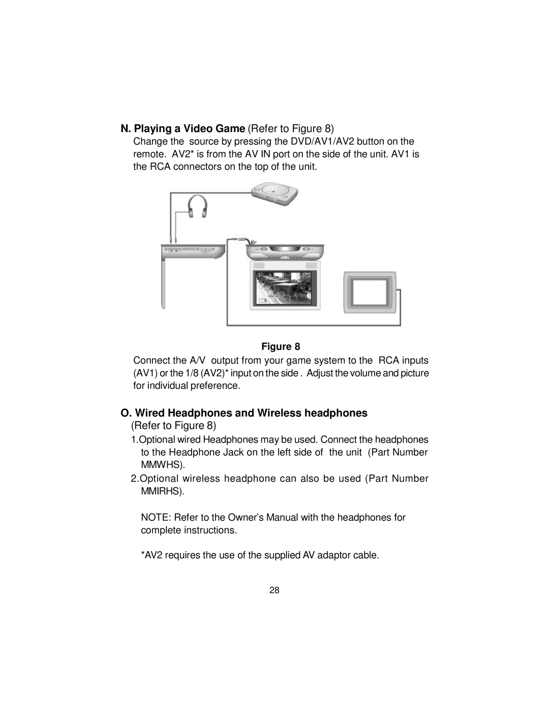 Audiovox MMD70 Playing a Video Game Refer to Figure, Wired Headphones and Wireless headphones Refer to Figure 