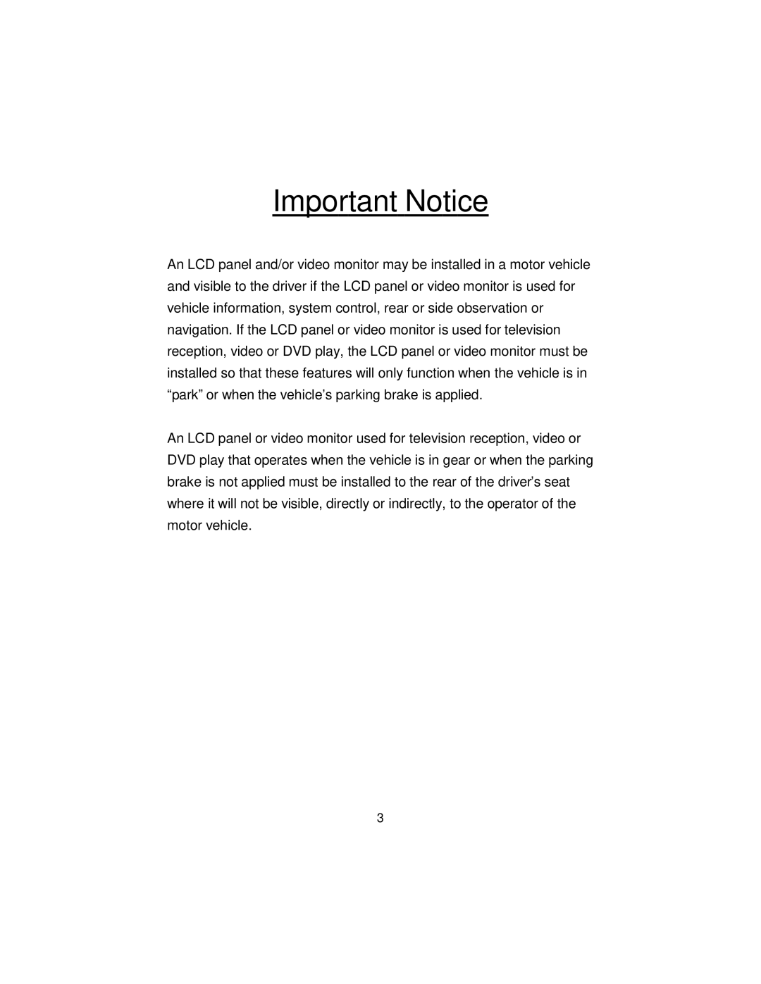 Audiovox MMD70 installation manual Important Notice 