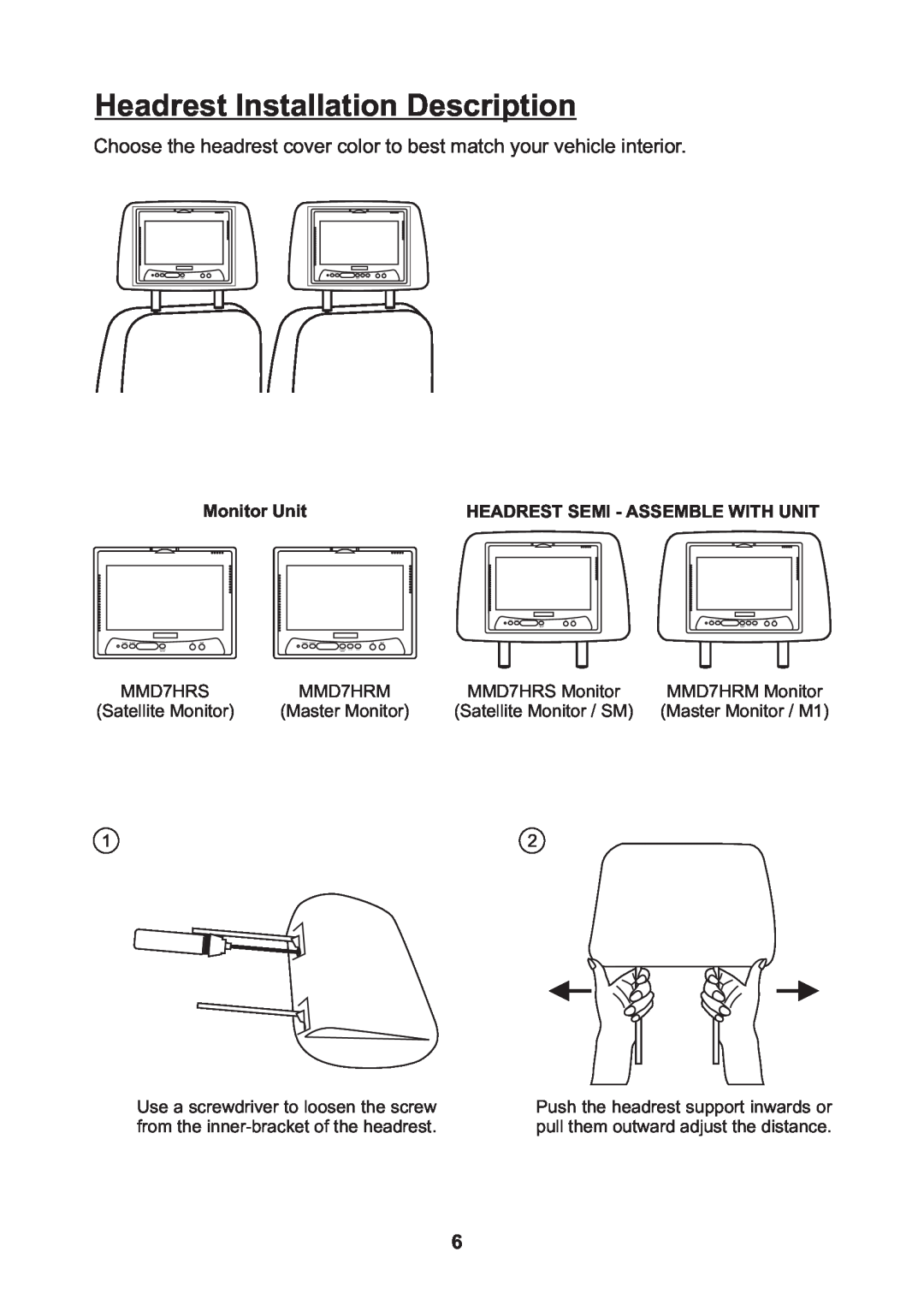Audiovox MMD7HRB Headrest Installation Description, Monitor Unit, Headrest Semi - Assemble With Unit, MMD7HRS, MMD7HRM 