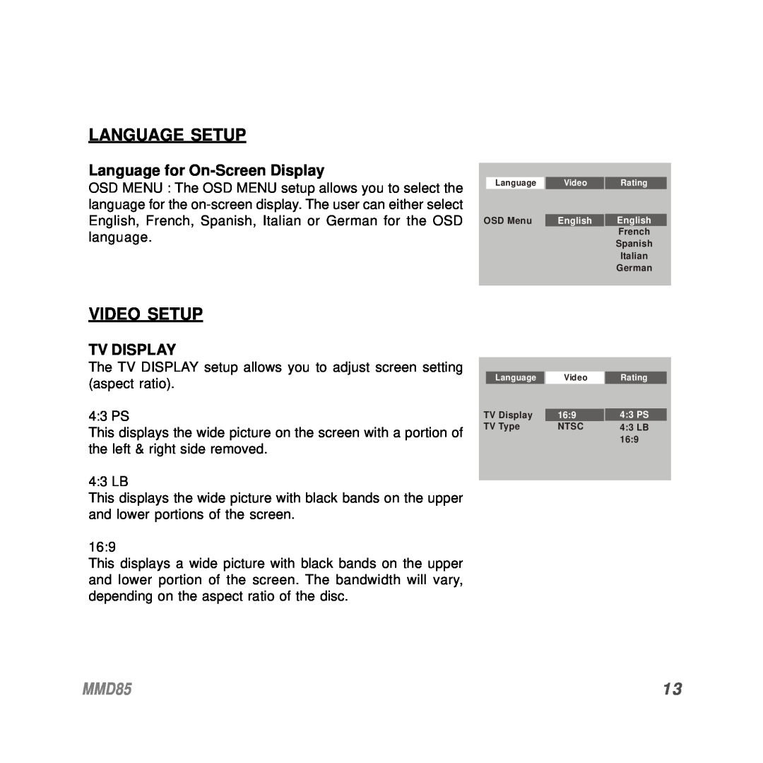 Audiovox MMD85 operation manual Language Setup, Video Setup, Language for On-Screen Display, Tv Display 