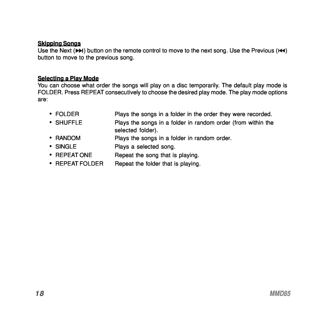 Audiovox MMD85 operation manual Skipping Songs, Selecting a Play Mode 