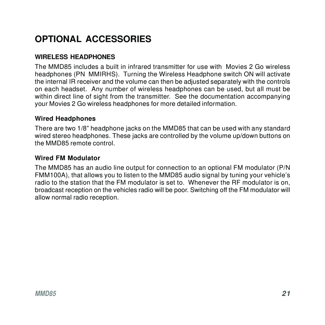 Audiovox MMD85 operation manual Optional Accessories, Wireless Headphones, Wired Headphones, Wired FM Modulator 