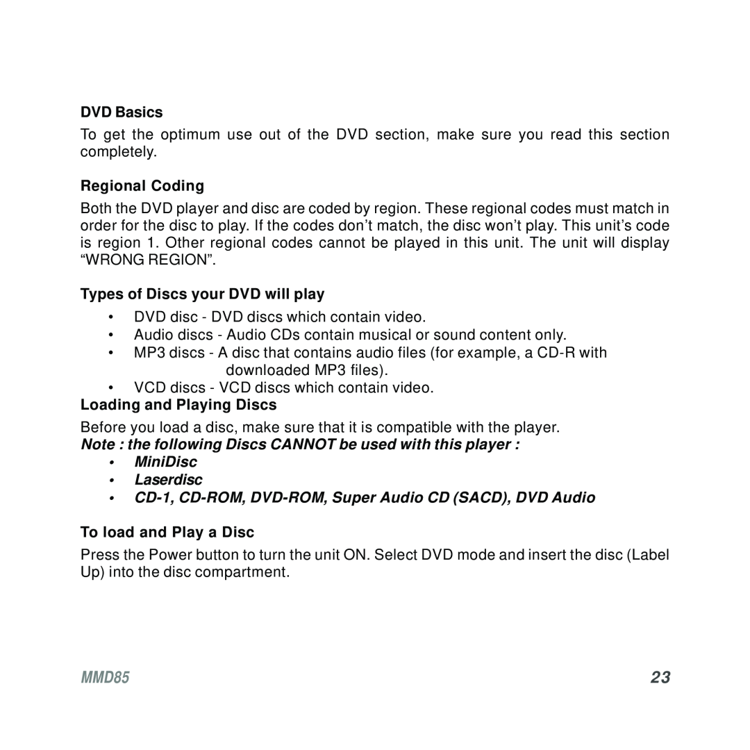 Audiovox MMD85 operation manual DVD Basics, Regional Coding, Types of Discs your DVD will play, Loading and Playing Discs 