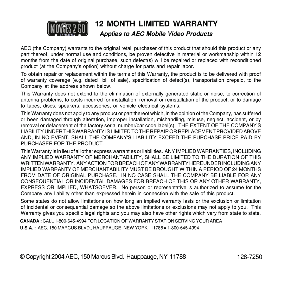 Audiovox MMD85 operation manual Month Limited Warranty, Applies to AEC Mobile Video Products 