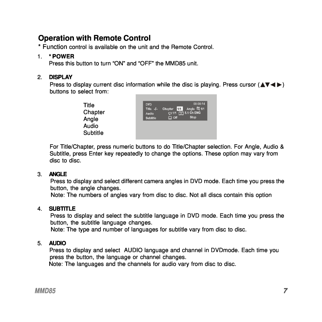 Audiovox MMD85 operation manual Operation with Remote Control, 1. * POWER, Display, Angle, Subtitle, Audio 