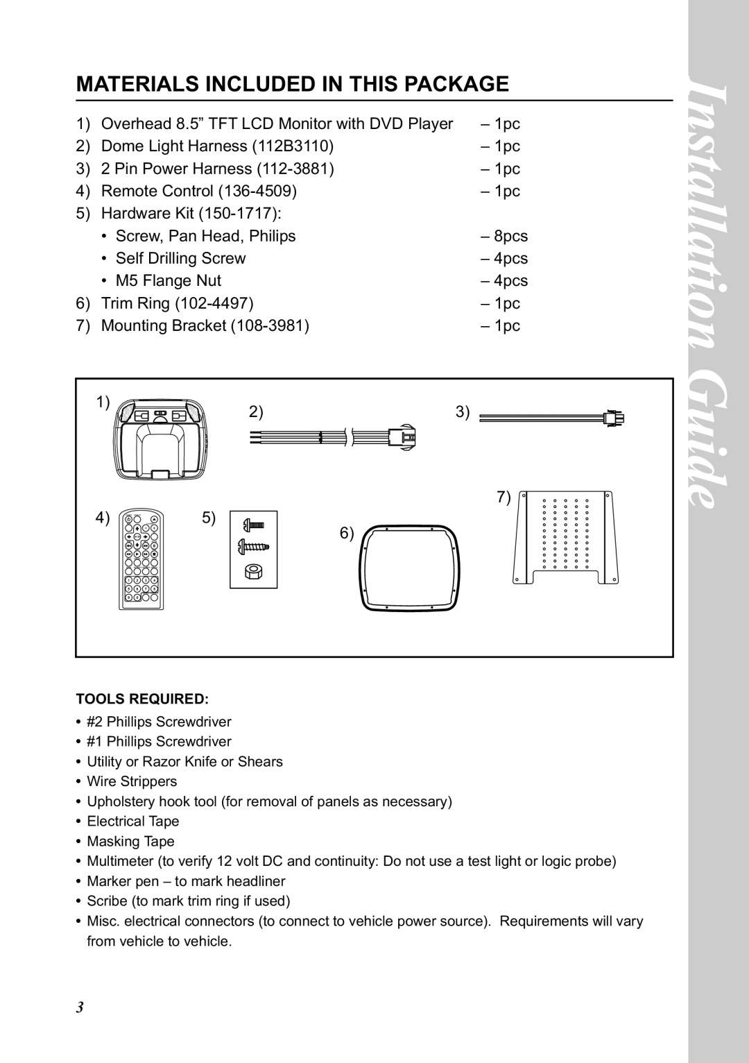 Audiovox MMD850 manual Materials Included in this Package, Trim Ring 1pc Mounting Bracket 