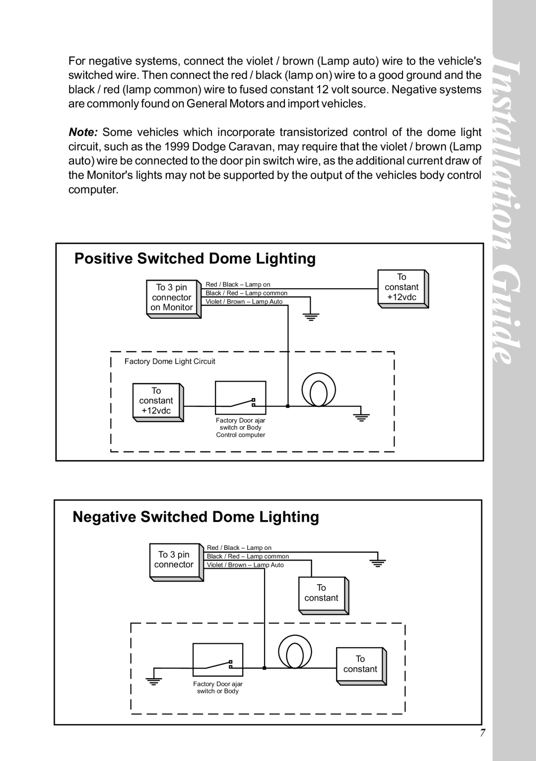 Audiovox MMD850 manual Positive Switched Dome Lighting, Negative Switched Dome Lighting 