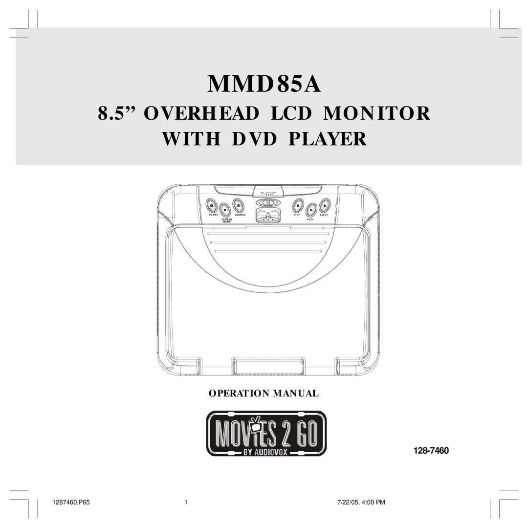 Audiovox MMD85A operation manual 128-7460 