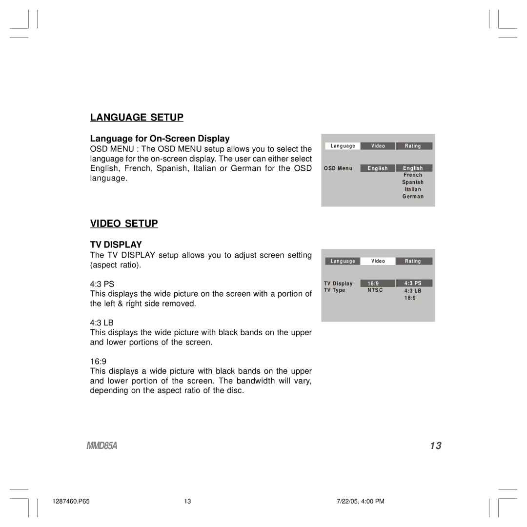 Audiovox MMD85A operation manual Language Setup, Video Setup, Language for On-Screen Display 