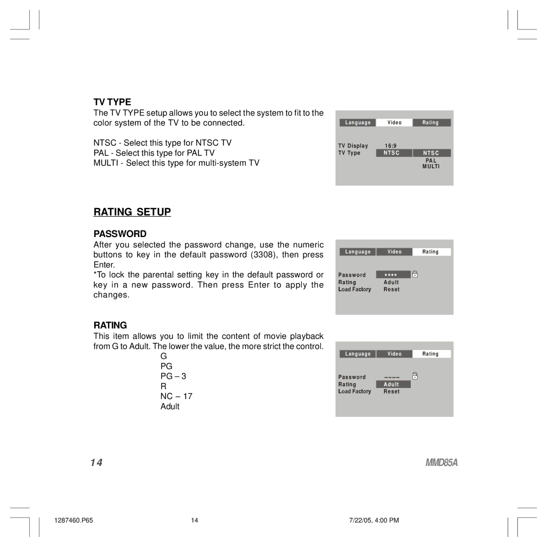 Audiovox MMD85A operation manual Rating Setup, TV Type 