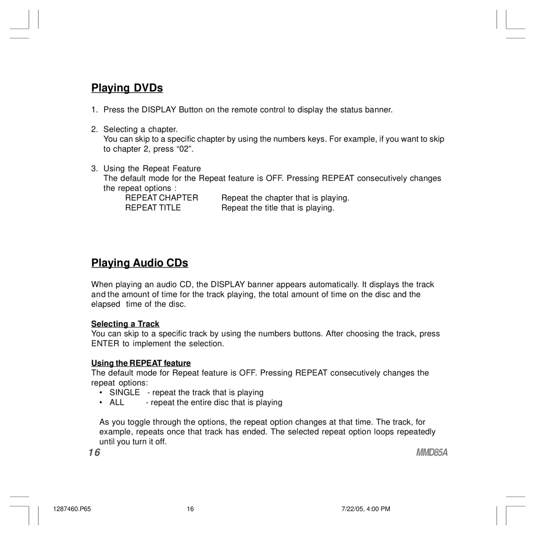 Audiovox MMD85A operation manual Selecting a Track, Using the Repeat feature 