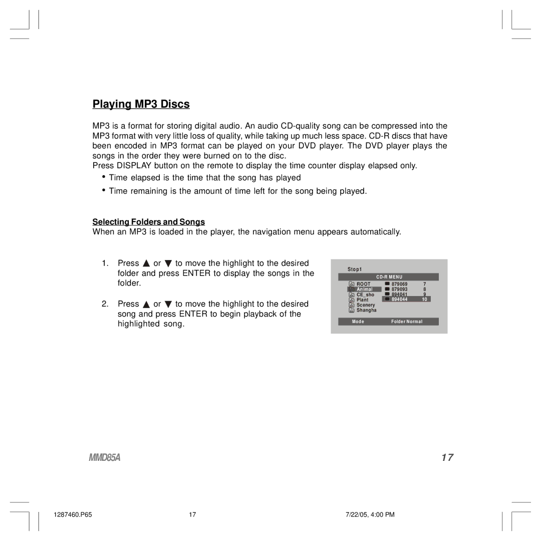 Audiovox MMD85A operation manual Playing MP3 Discs, Selecting Folders and Songs 